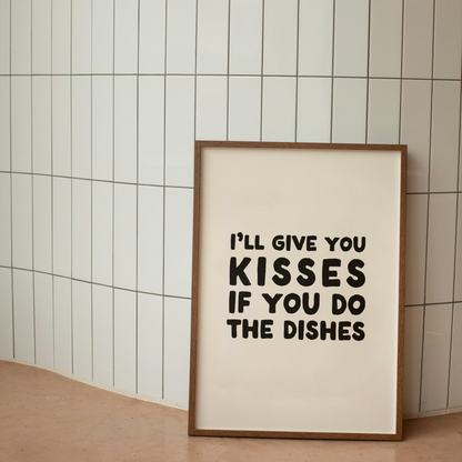 Framed print with humorous text on a tiled wall