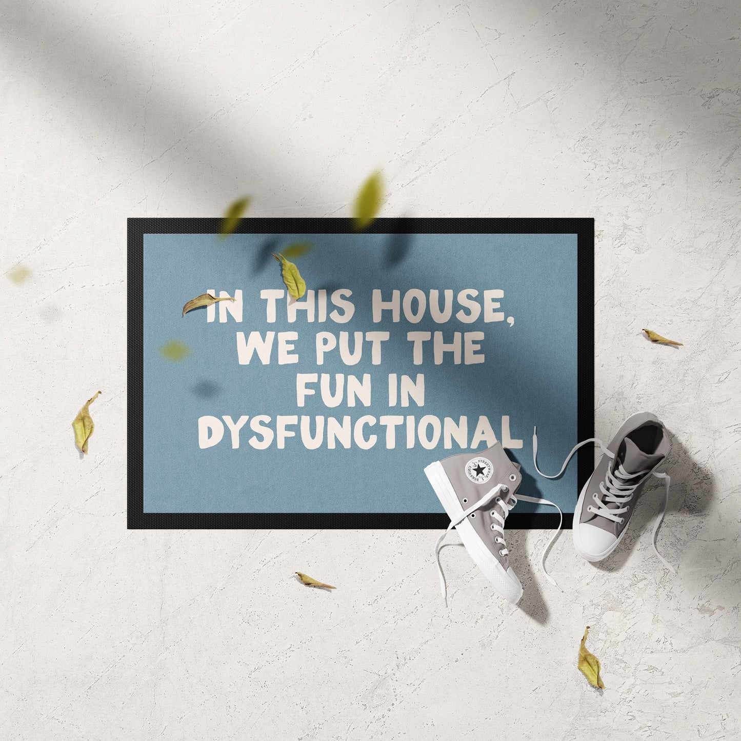 WISDOM & WONDER X HEY WONDER | In This House We Put The Fun In Dysfunctional | Cream & Dusty Blue | Indoor Door Mat