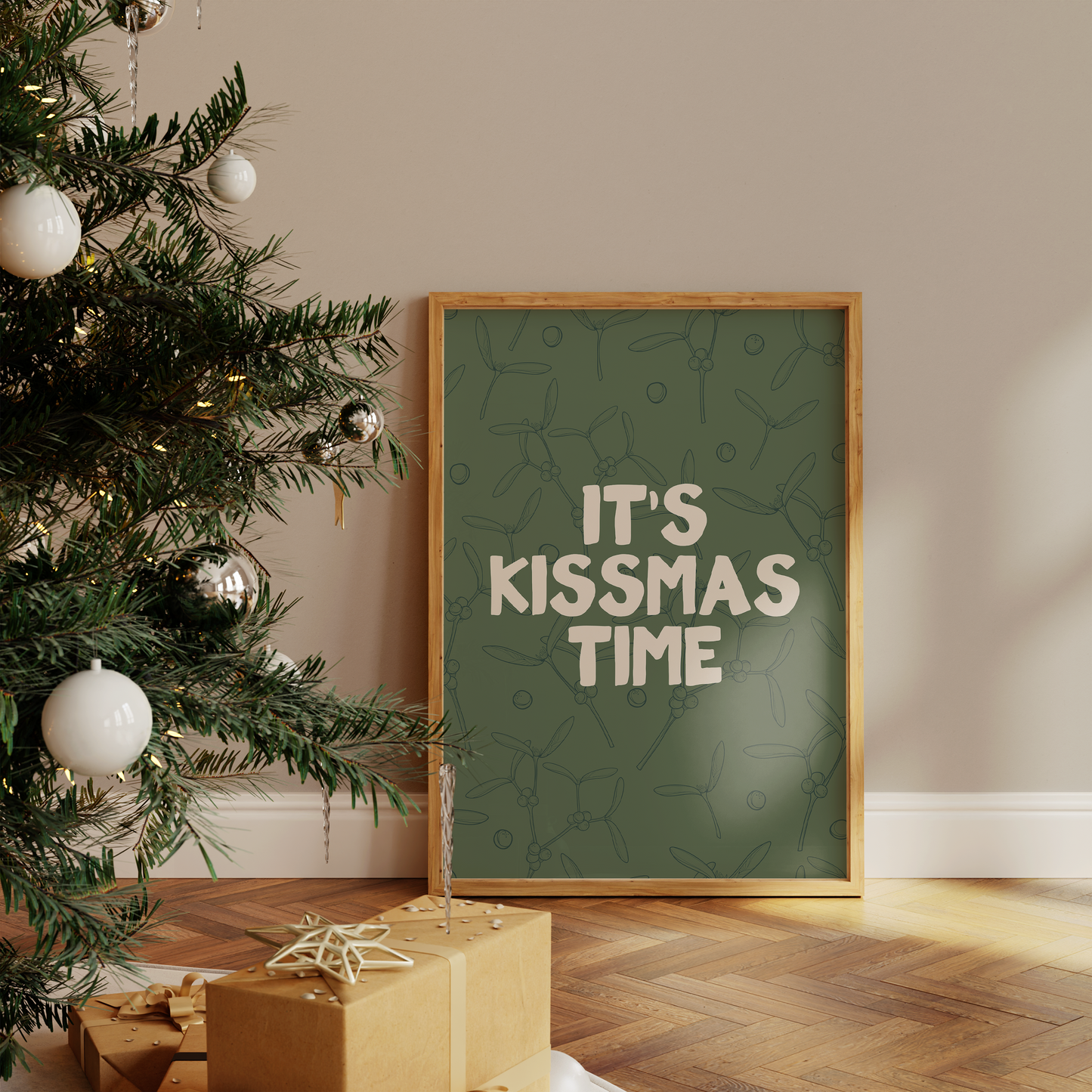 It's Kissmas Time | Cream & Olive Green | Christmas Art Print