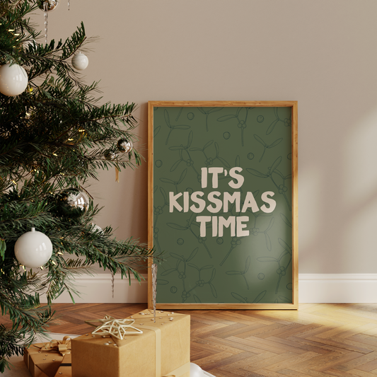 It's Kissmas Time | Cream & Olive Green | Christmas Art Print