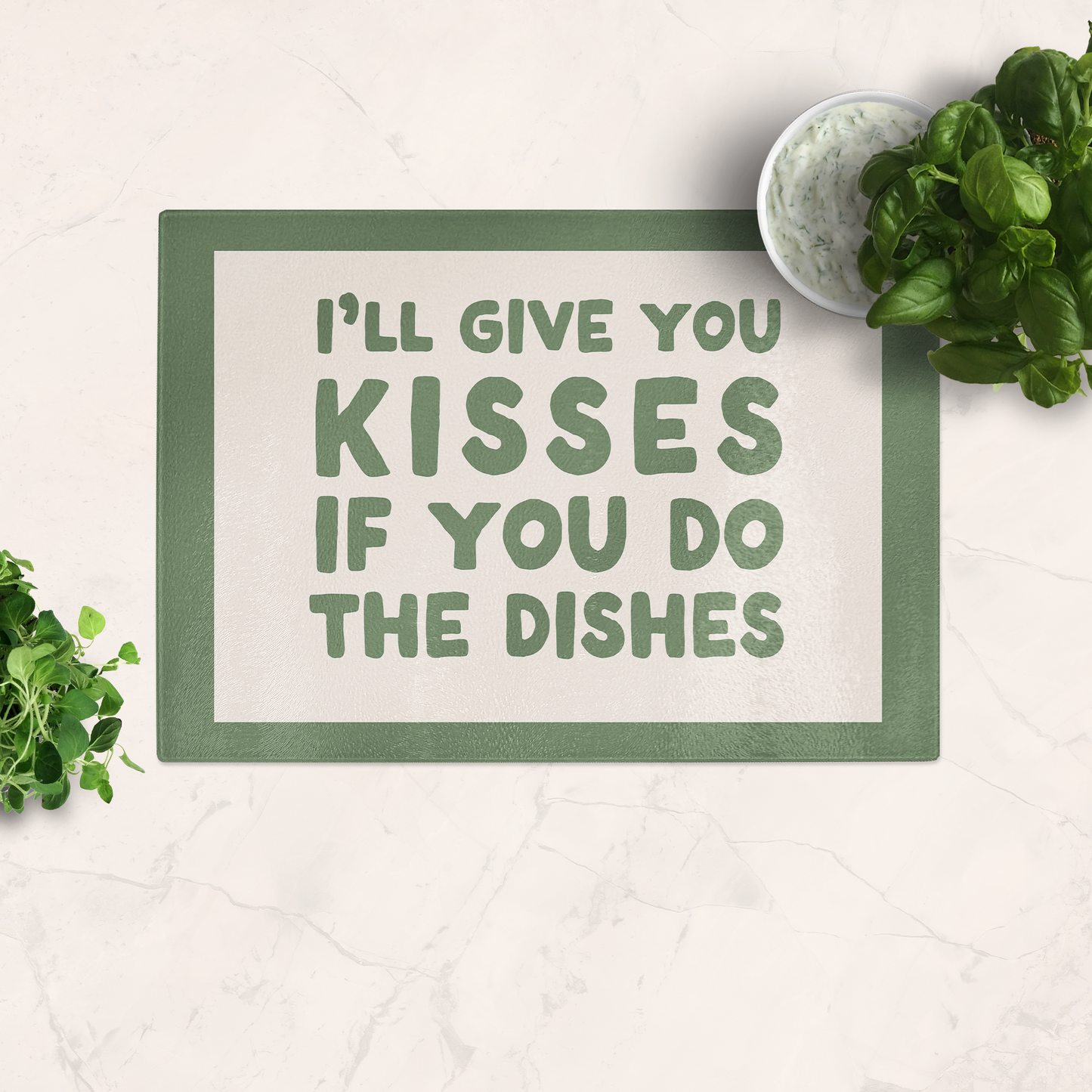 I'll Give You Kisses If You Do The Dishes | Green and Cream | Glass Chopping Board