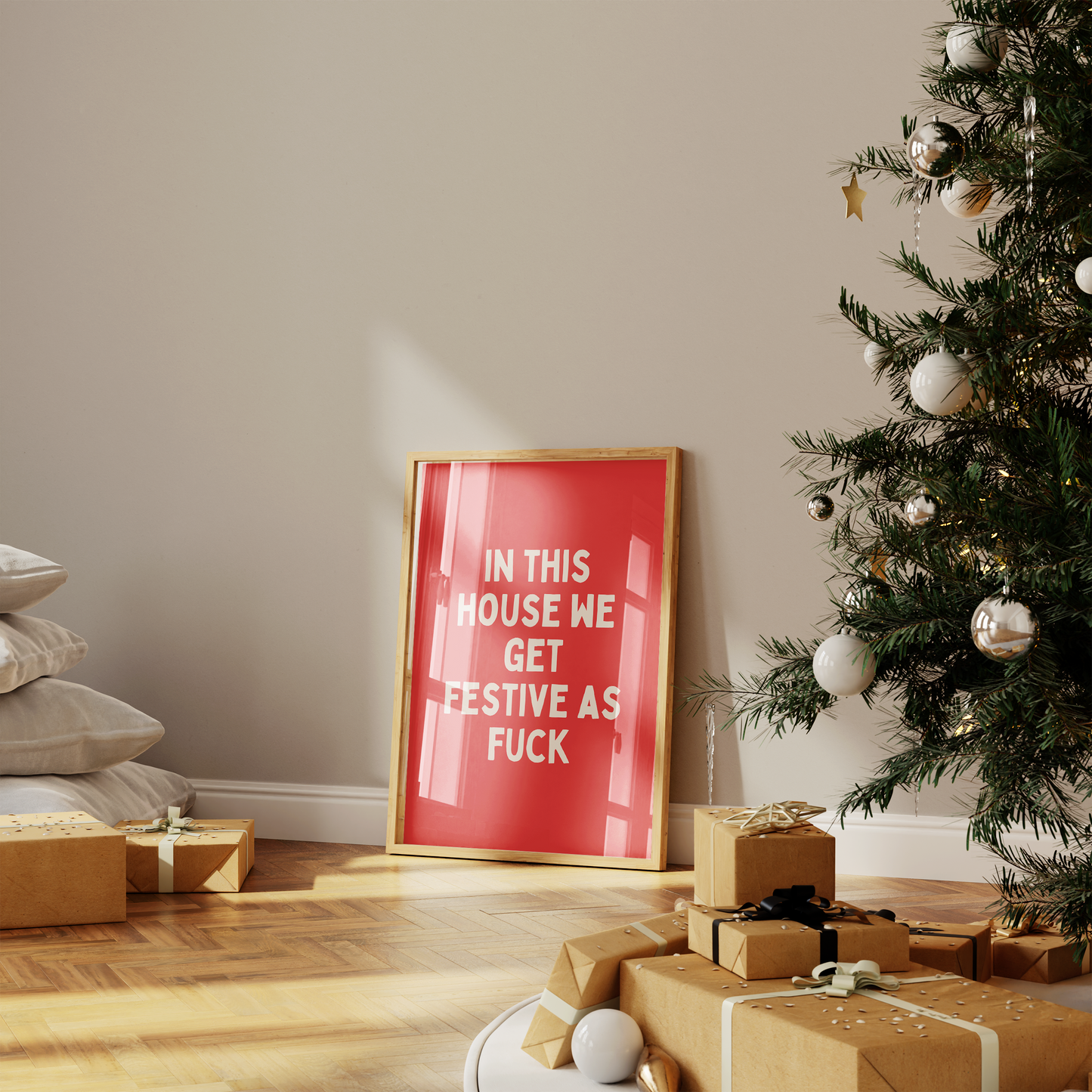 In This House We Get Festive As Fuck | White and Red | Christmas Art Print