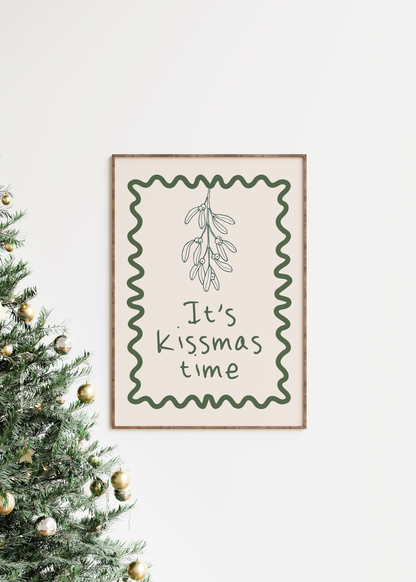 It's Kissmas Time | Olive Green and Cream | Christmas Art Print