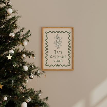 It's Kissmas Time | Olive Green and Cream | Christmas Art Print