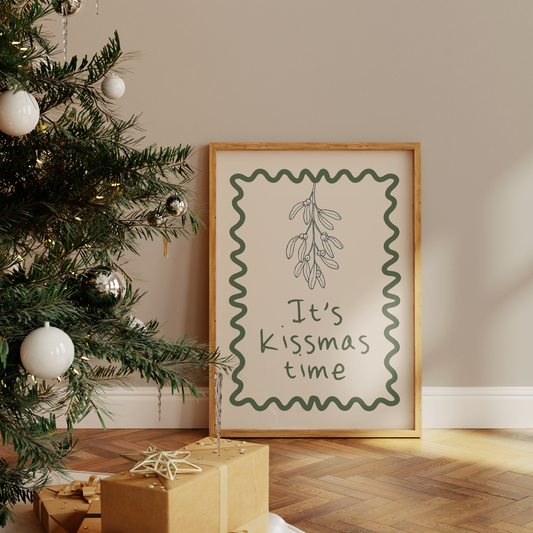 It's Kissmas Time | Olive Green and Cream | Christmas Art Print