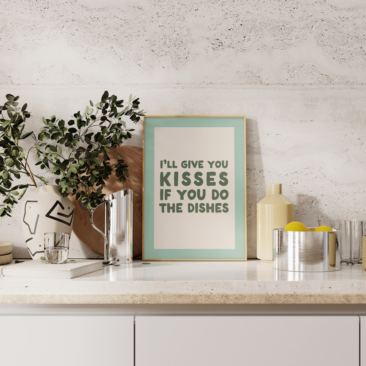 I'll Give You Kisses If You Do The Dishes | Olive Green and Cream | Art Print