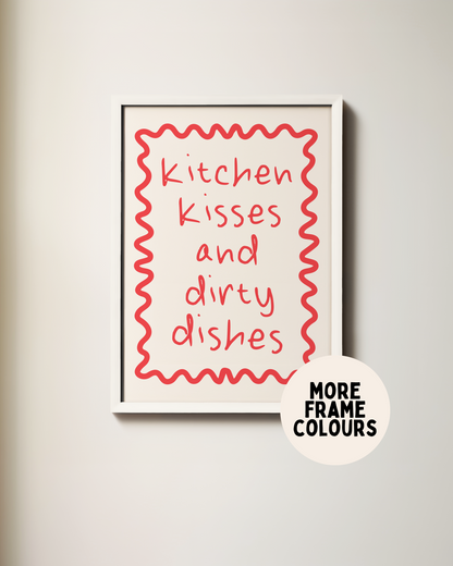 Framed | Kitchen Kisses And Dirty Dishes | Red and Cream | Art Print