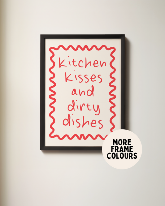 Framed | Kitchen Kisses And Dirty Dishes | Red and Cream | Art Print