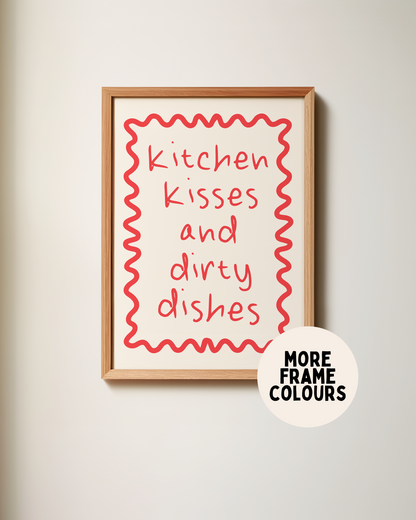 Framed | Kitchen Kisses And Dirty Dishes | Red and Cream | Art Print