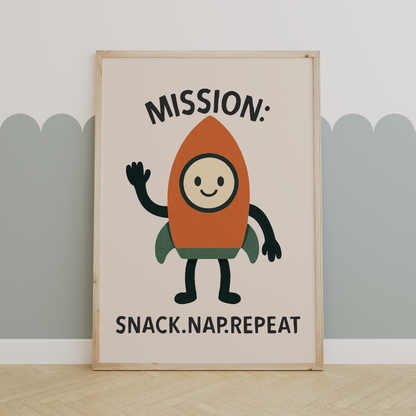 Mission: Snack, Nap, Repeat | Black and Cream | Art Print