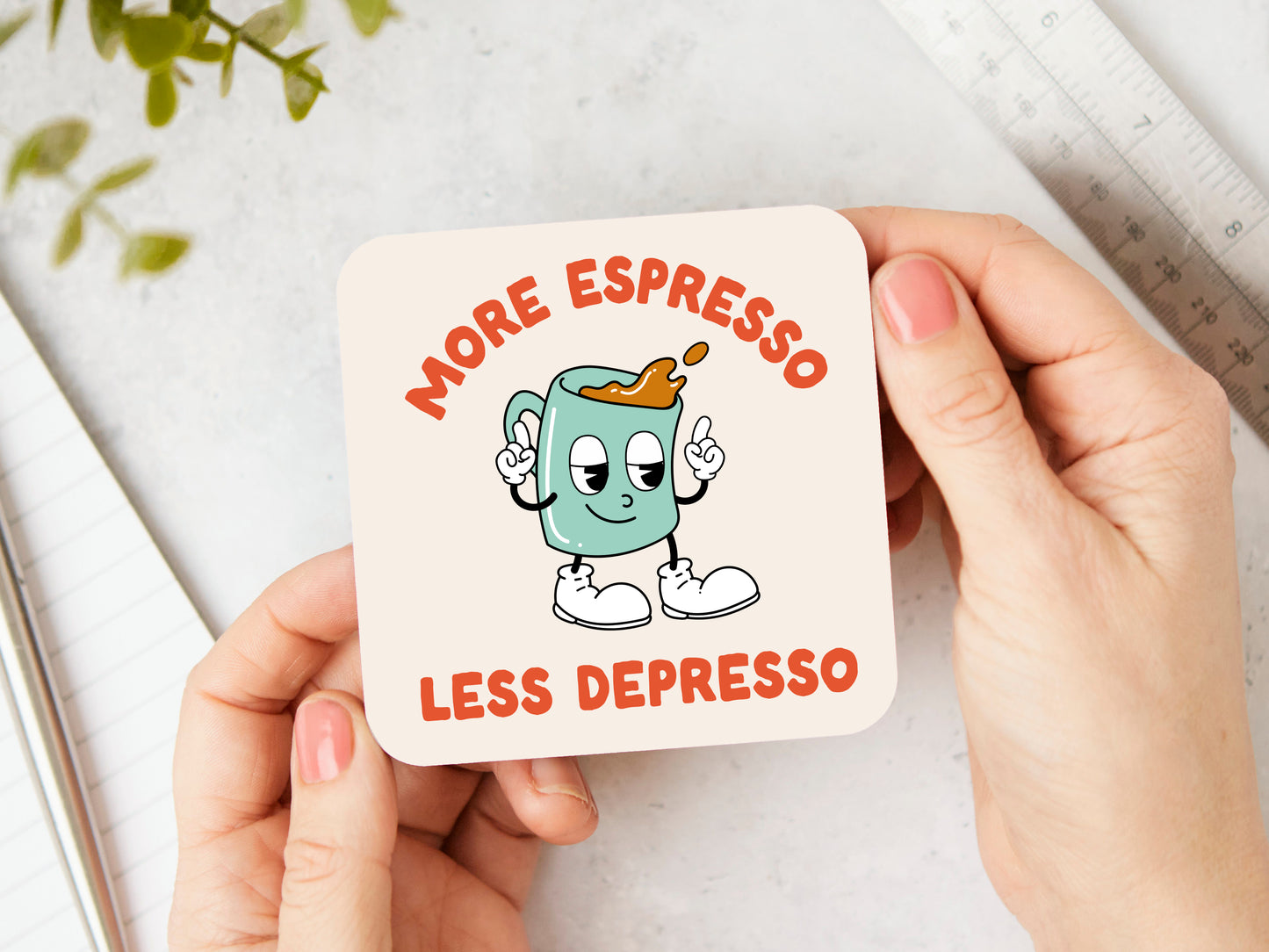 More Espresso Less Depresso | Red Orange and Cream | Coaster