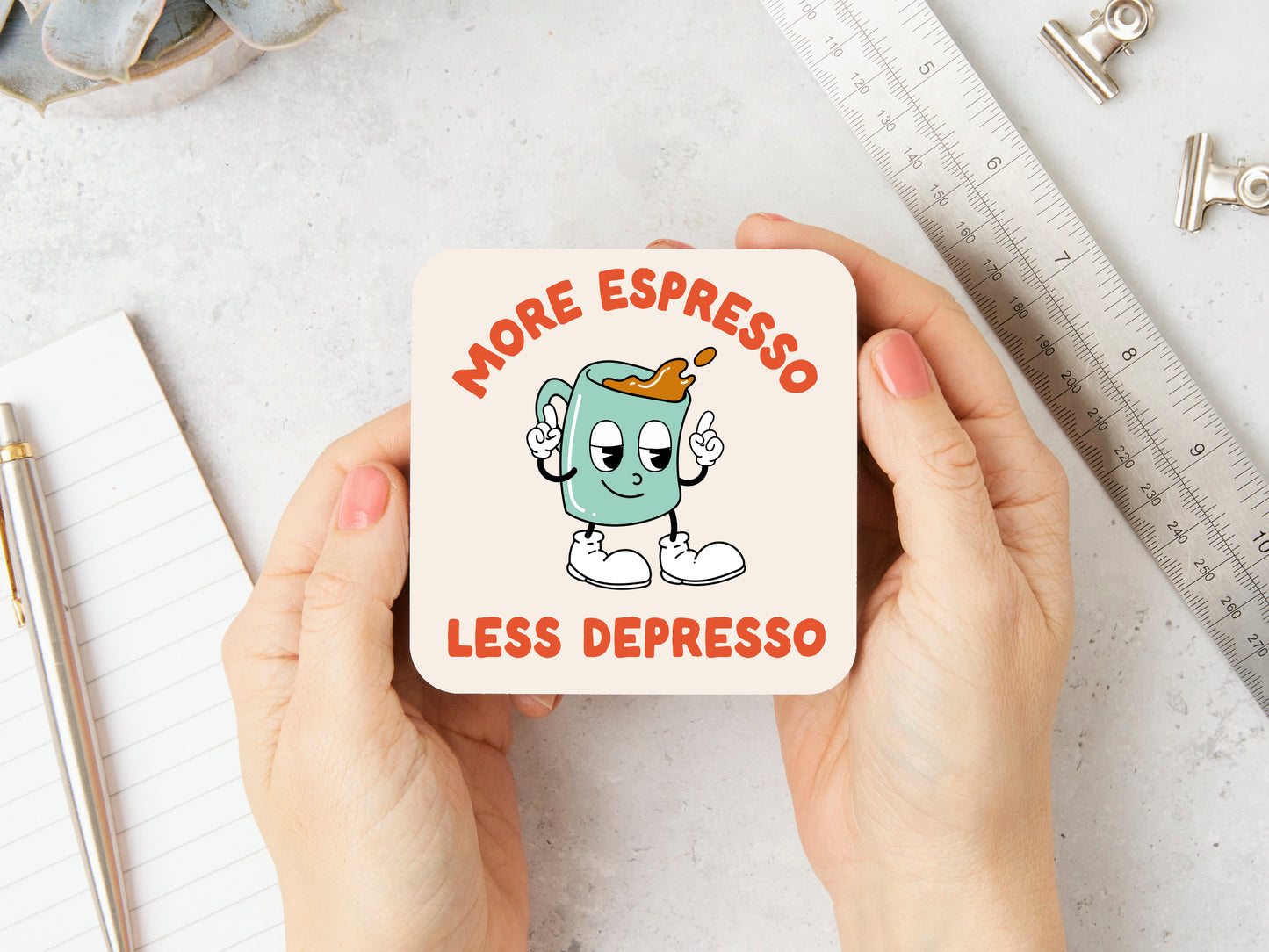 More Espresso Less Depresso | Red Orange and Cream | Coaster