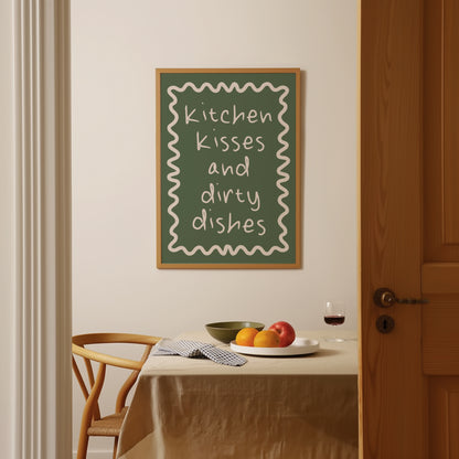 Kitchen Kisses And Dirty Dishes | Cream and Olive Green | Art Print