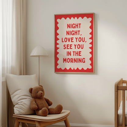 Night Night, Love You | Red and Cream | Wall Art Print