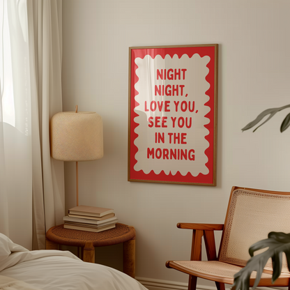 Night Night, Love You | Red and Cream | Wall Art Print