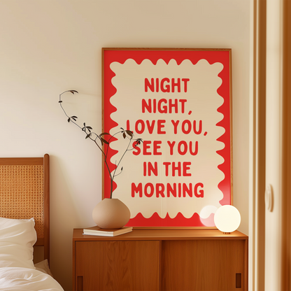 Night Night, Love You | Red and Cream | Wall Art Print