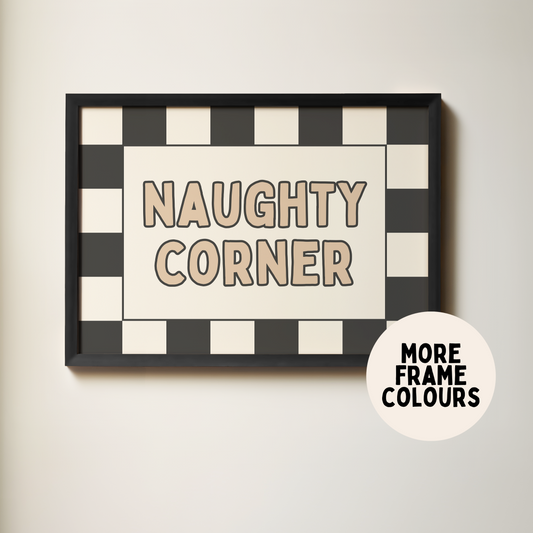 Framed sign with 'Naughty Corner' text on a checkered background