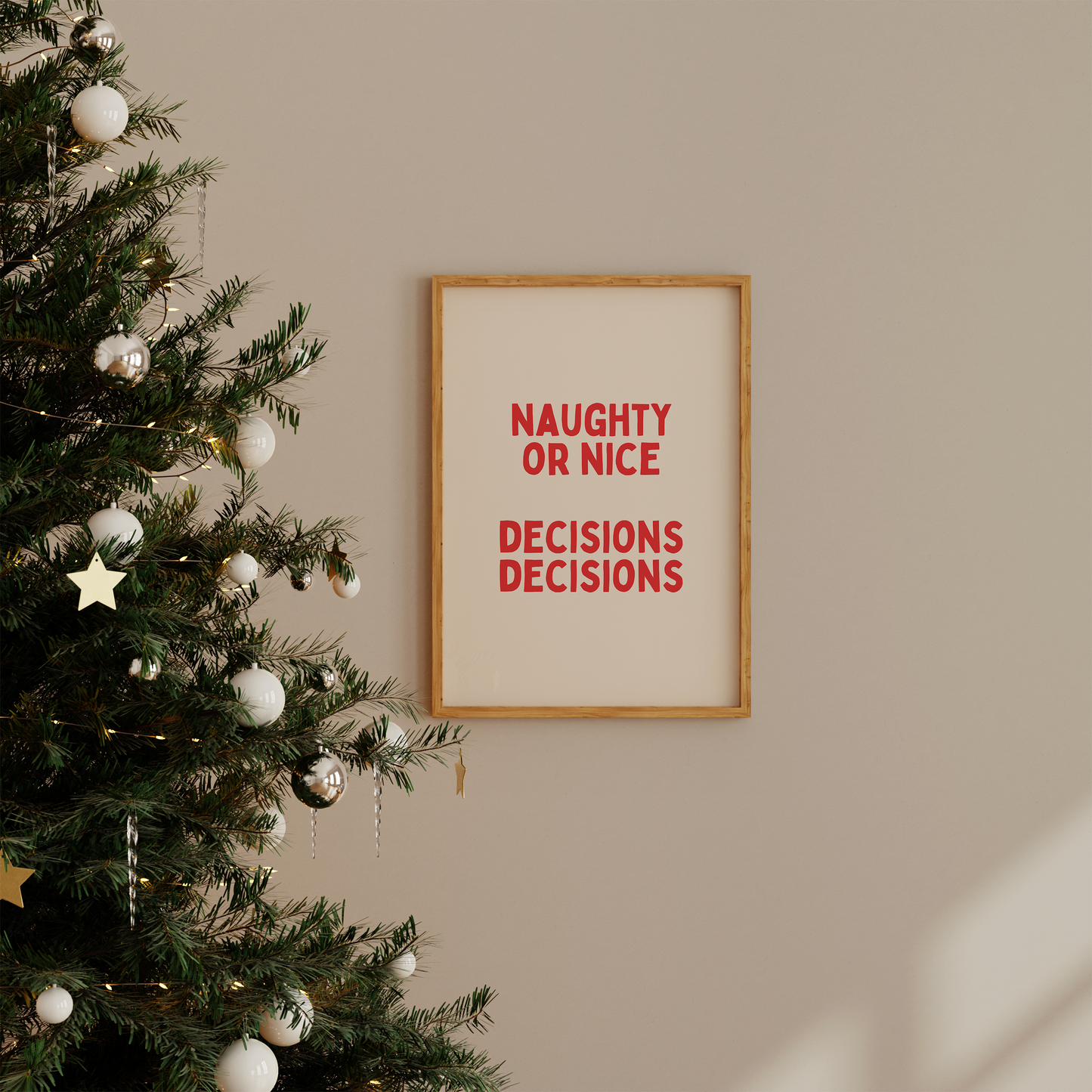 Naughty Or Nice. Decisions Decisions | Red and Cream | Christmas Art Print