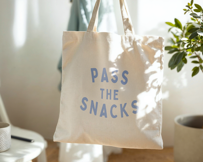 Pass The Snacks | Natural & Cornflower Blue | Organic Cotton Tote Bag