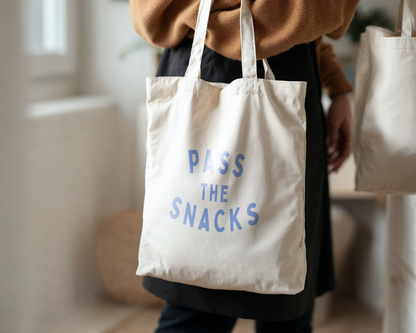 Pass The Snacks | Natural & Cornflower Blue | Organic Cotton Tote Bag