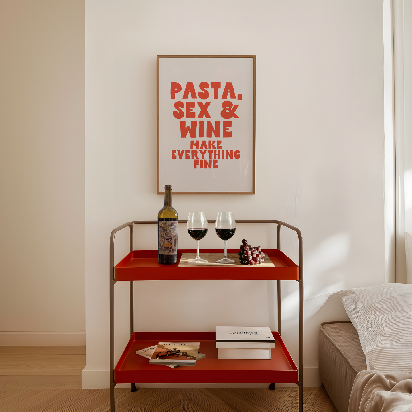 Pasta, Sex & Wine Make Everything Fine | Red and Cream | Art Print