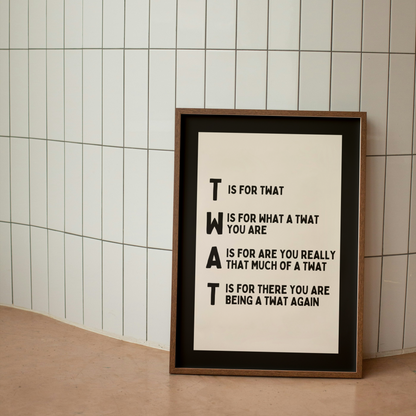 Framed poster with text on a tiled wall