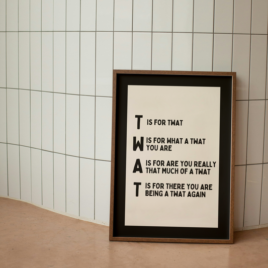 Framed poster with text on a tiled wall