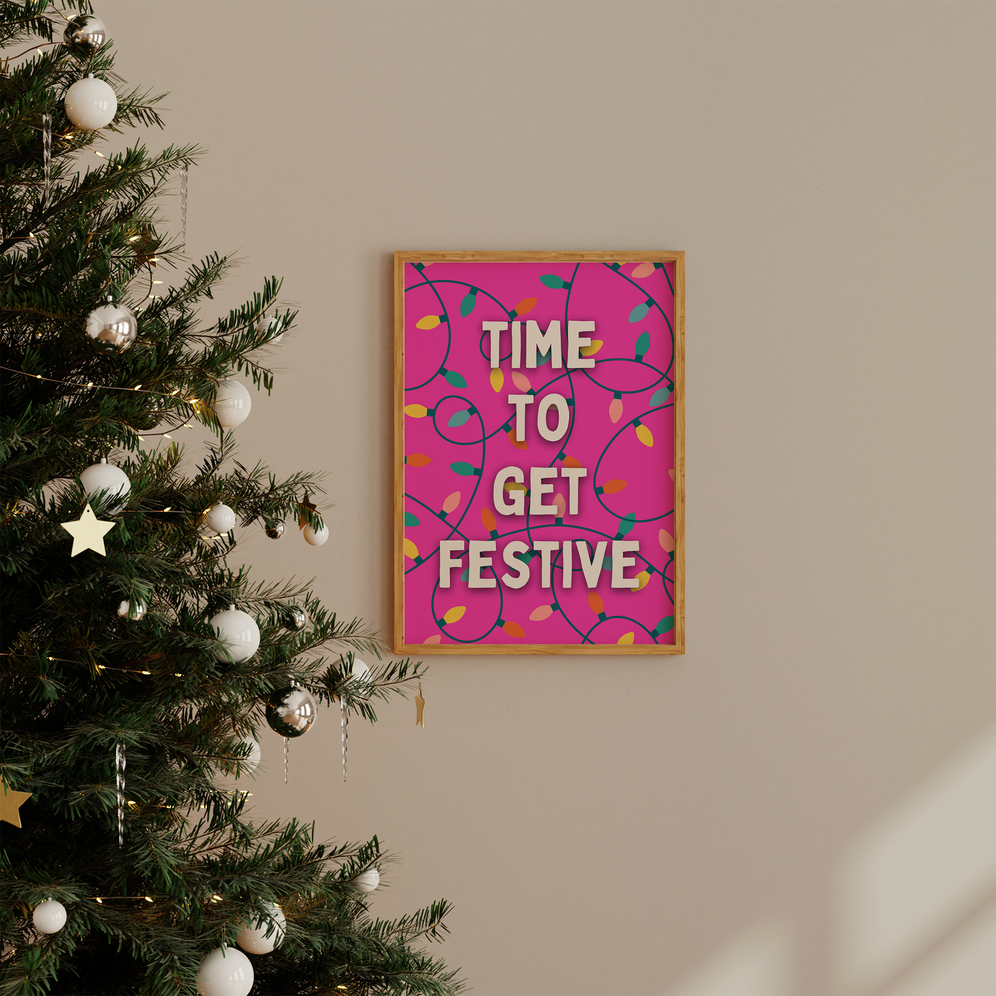 Time To Get Festive | White and Hot Pink | Christmas Art Print