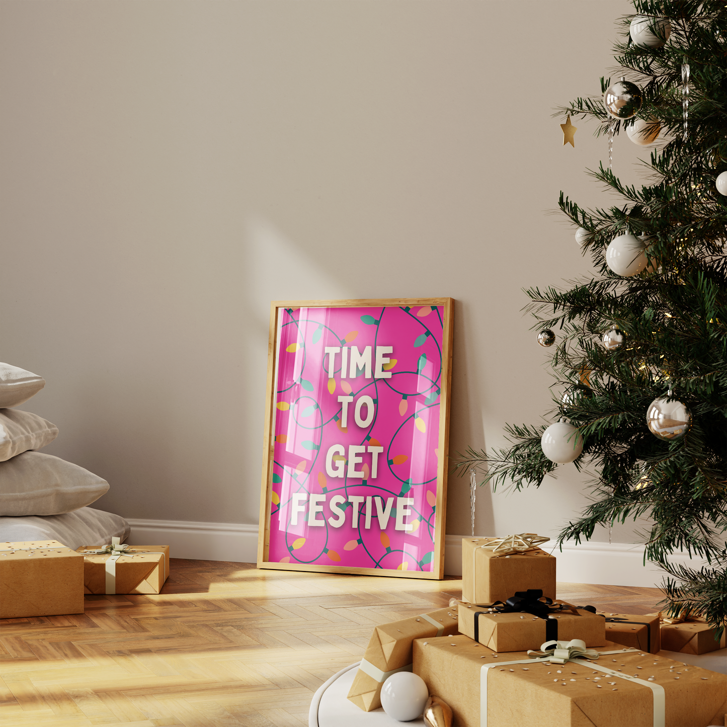 Time To Get Festive | White and Hot Pink | Christmas Art Print