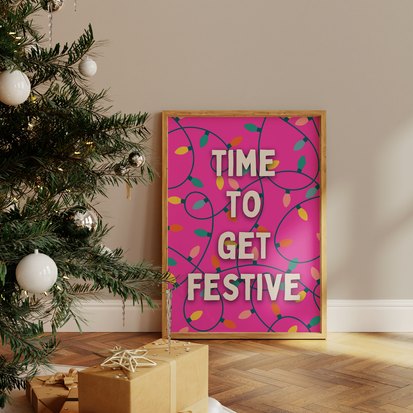 Time To Get Festive | White and Hot Pink | Christmas Art Print