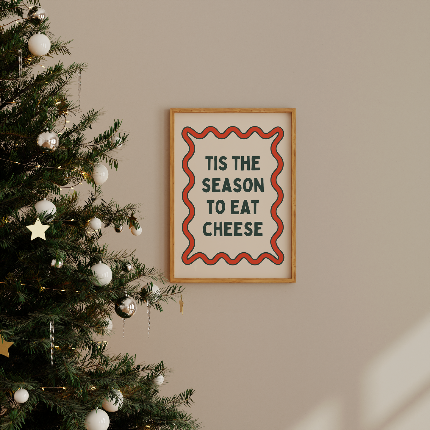 Tis The Season To Eat Cheese | Red and Forest Green | Christmas Art Print