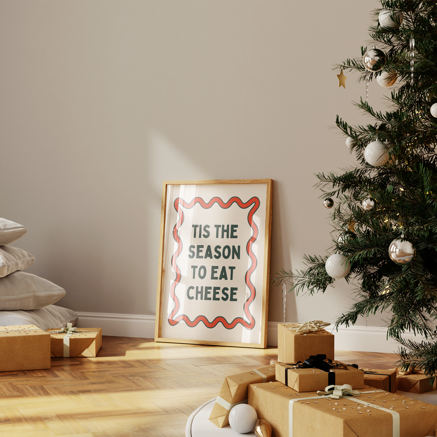 Tis The Season To Eat Cheese | Red and Forest Green | Christmas Art Print