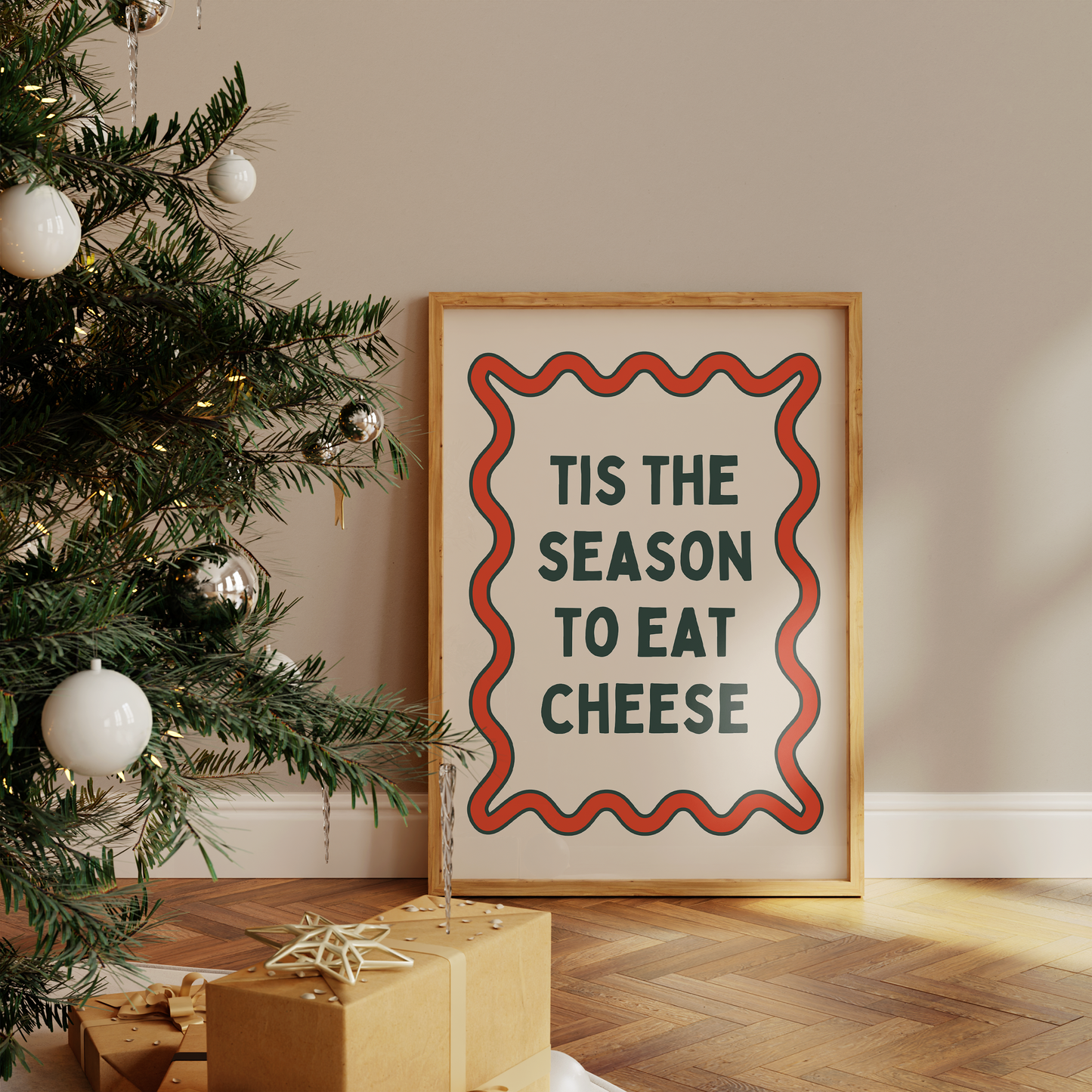 Tis The Season To Eat Cheese | Red and Forest Green | Christmas Art Print