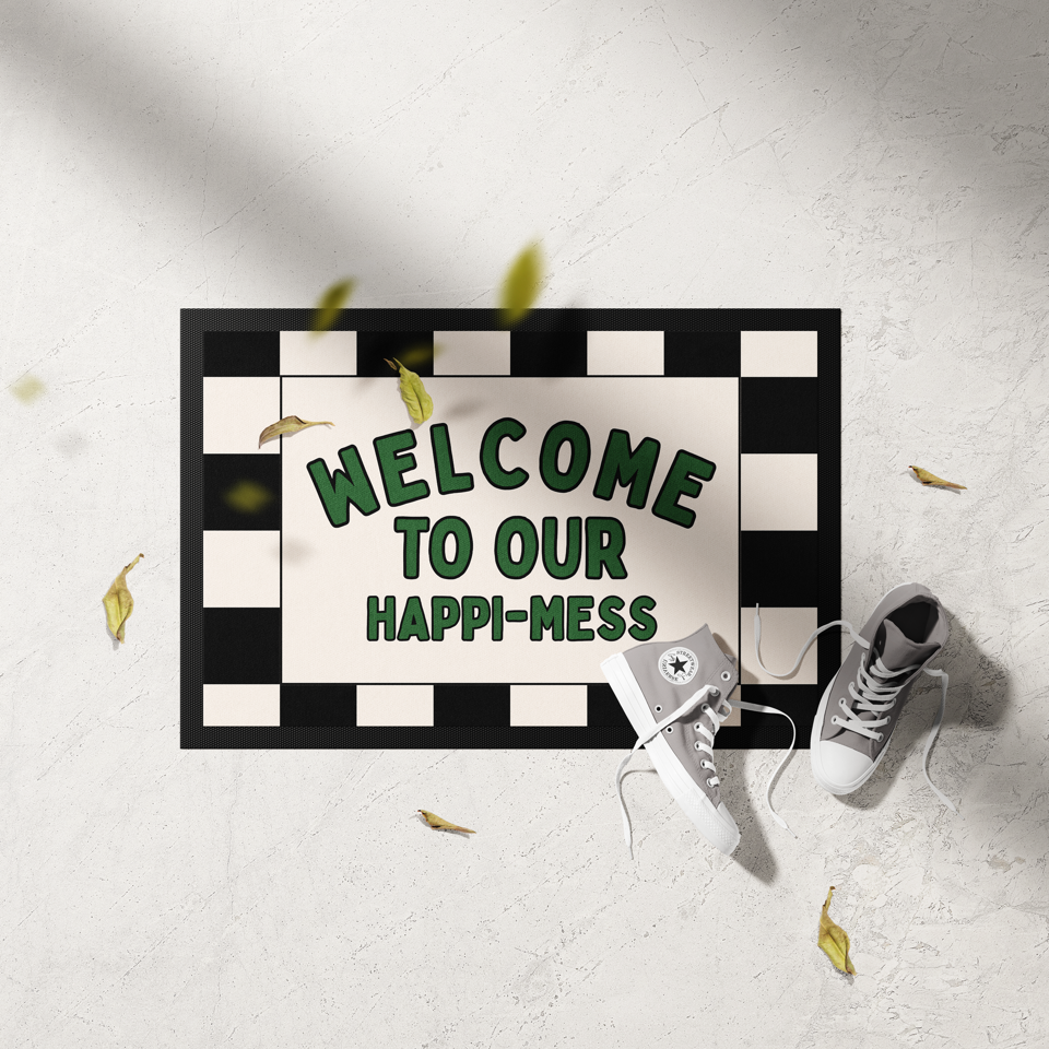 WISDOM & WONDER X HEY WONDER | Welcome To Our Happi-Mess | Forest Green & Black | Indoor Door Mat