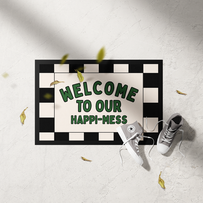 WISDOM & WONDER X HEY WONDER | Welcome To Our Happi-Mess | Forest Green & Black | Indoor Door Mat