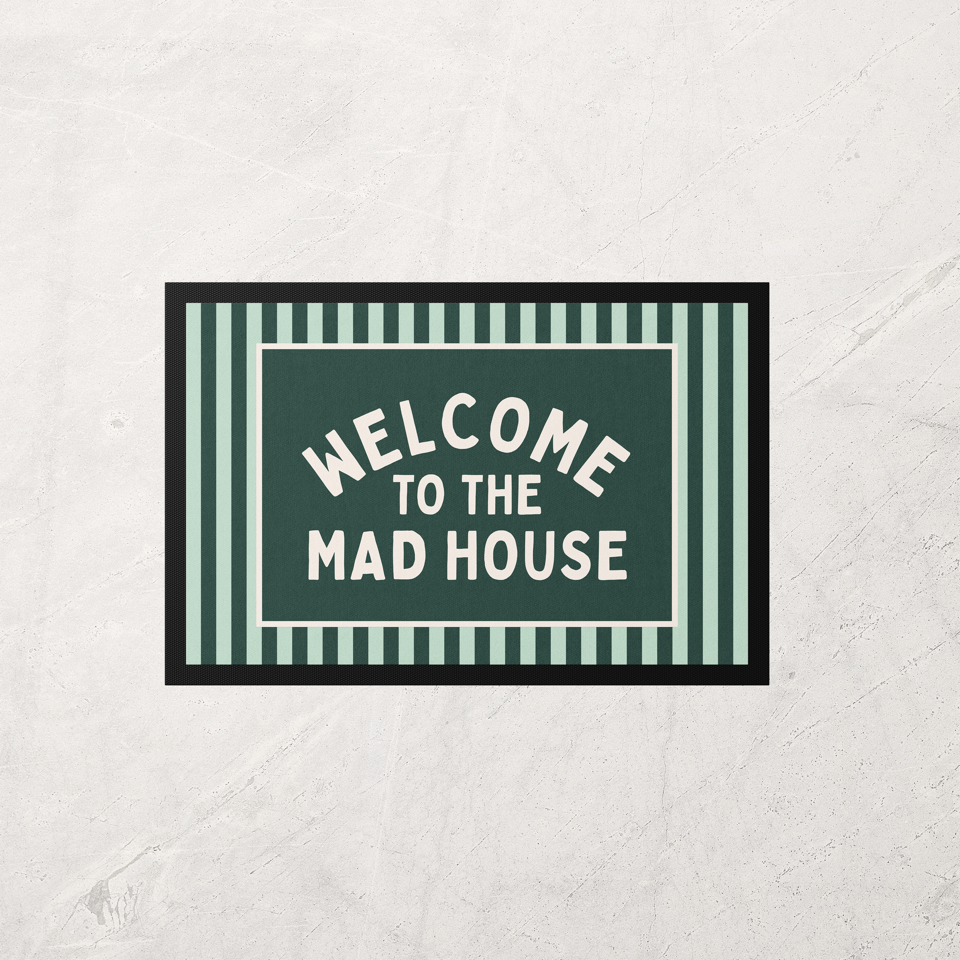 WISDOM & WONDER X HEY WONDER | Welcome To The Mad House | Forest Green & Cream | Indoor Door Mat