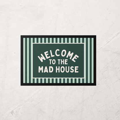 WISDOM & WONDER X HEY WONDER | Welcome To The Mad House | Forest Green & Cream | Indoor Door Mat