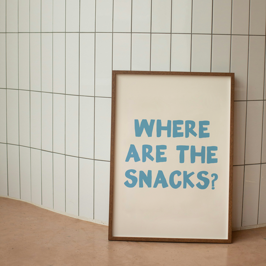 Framed poster with 'WHERE ARE THE SNACKS?' text on a tiled wall.