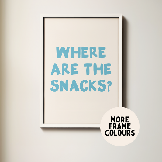 Framed poster with text 'WHERE ARE THE SNACKS?' on a light background