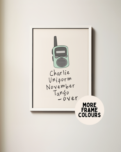 Framed | Charlie Uniform November Tango Over | Blue and Cream Walkie Talkie | Art Print