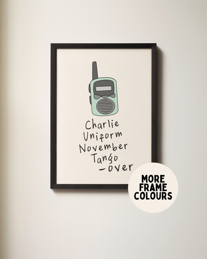 Framed | Charlie Uniform November Tango Over | Blue and Cream Walkie Talkie | Art Print