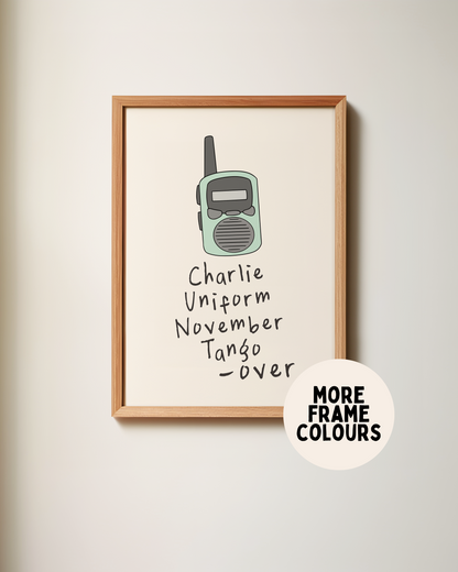 Framed | Charlie Uniform November Tango Over | Blue and Cream Walkie Talkie | Art Print