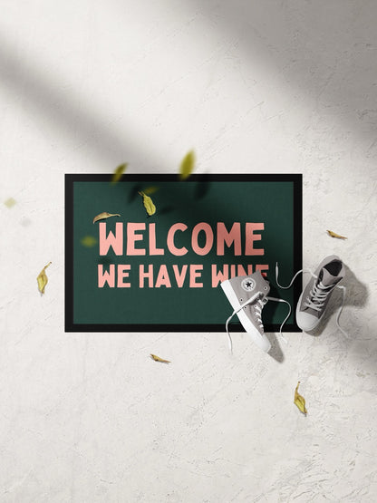 Welcome, We Have Wine | Peach and Forest Green | Indoor Door Mat