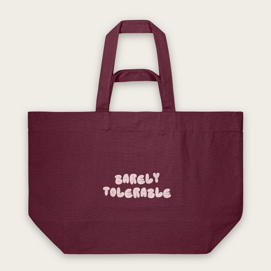 Barely Tolerable | Tote Bag in Burgundy (18470_Barely-Tolerable_STAU117_Burgundy_Tote-Bag_Mockup.png)