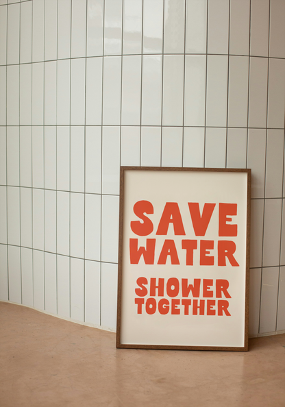 Save Water Shower Together | Red and Cream | Art Print