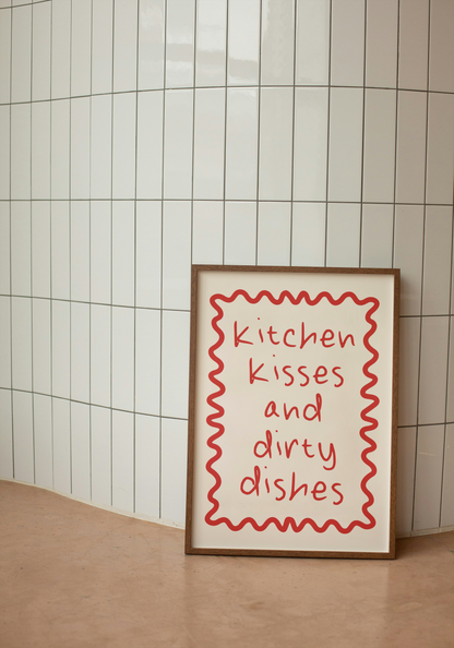 Kitchen Kisses And Dirty Dishes | Red and Cream | Art Print