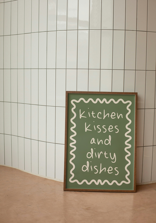 Kitchen Kisses And Dirty Dishes | Cream and Olive Green | Art Print