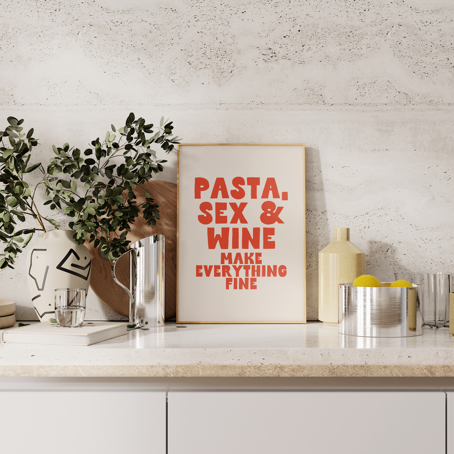 Pasta, Sex & Wine Make Everything Fine | Red and Cream | Art Print