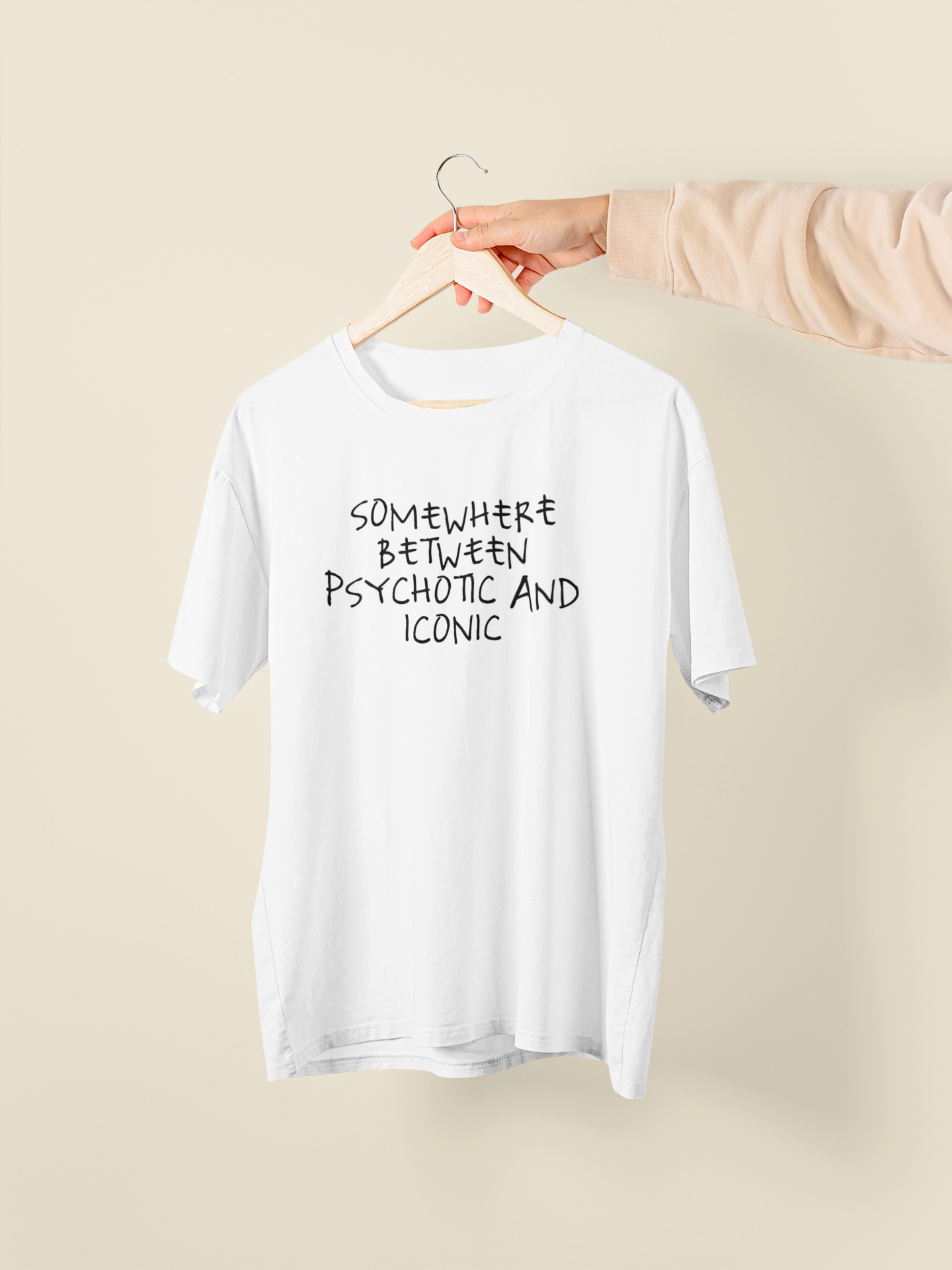 Somewhere Between Psychotic And Iconic | Black Graphic | Organic Unisex T Shirt