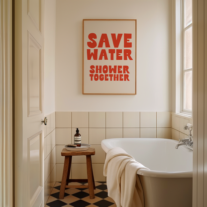 Save Water Shower Together | Red and Cream | Art Print